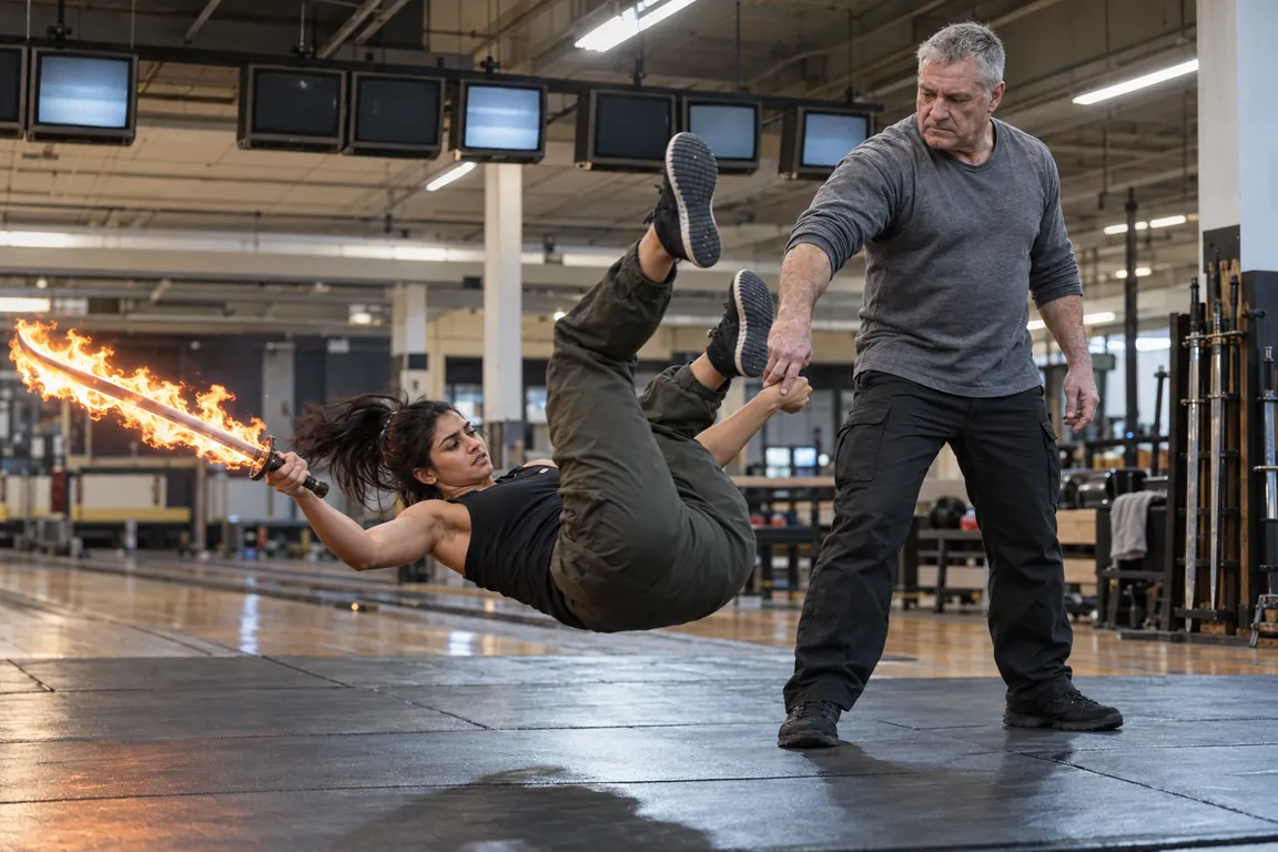 In a bowling alley turned training hall, under a row of old scoring monitors, Walt pushes Priya’s wrist with two fingers and sends her turning through the air, her flaming sword swinging wide.