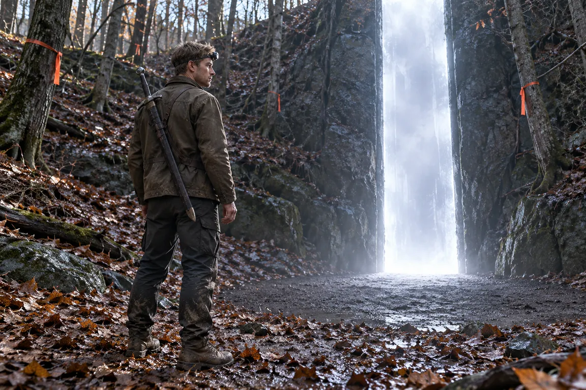At first light in a wooded hollow strung with orange tape, a silent doorway of white light stands in a clean ring of bare ground where no fallen leaf lies. Adam stands at its edge.