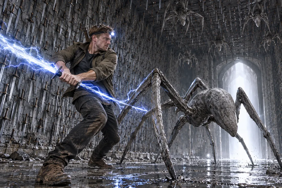 Lightning from Adam’s sword lights a vast hall whose walls and ceiling are set with thousands of swords; gray, faceless six-legged creatures hang folded among the hilts, and one lands in front of him.