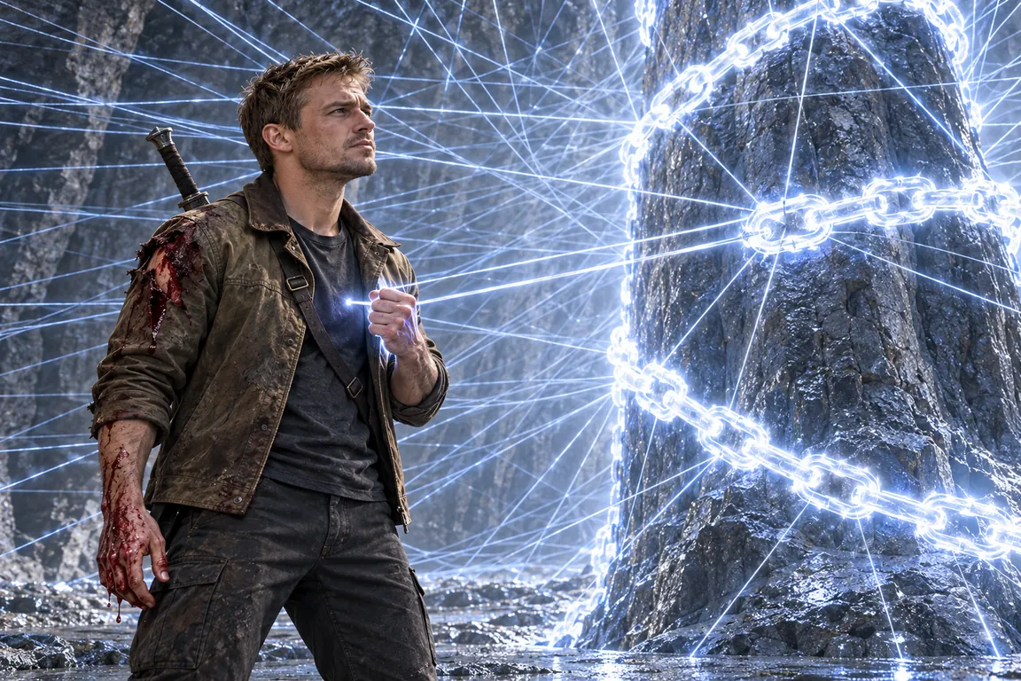 In a round chamber, a pillar wound in chains of white light sends thousands of taut bright threads in every direction. Bleeding from the shoulder, Adam holds the one thread that runs to his own chest.