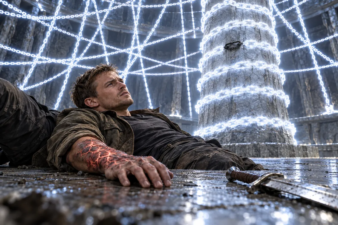 Adam lies on his back on the chamber floor, his sword skidded away. On the glowing pillar behind him a single link at heart height has gone dark.