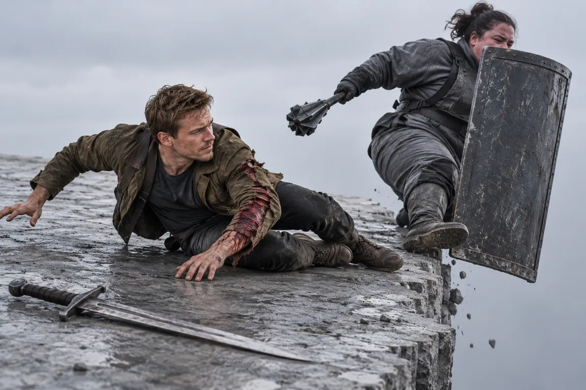 A short, wide Bulwark goes off the edge of the gray floor behind her raised tower shield while Adam rolls clear along the edge, his sleeve soaked with blood.
