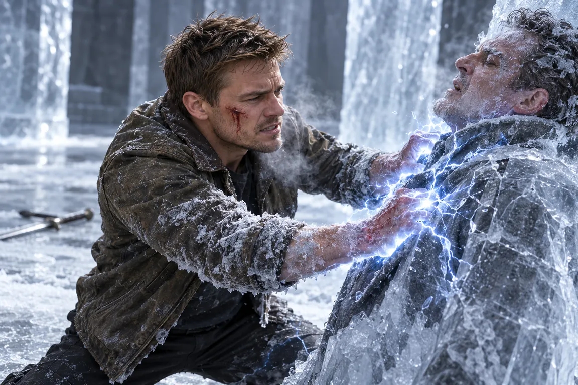 Among walls of ice on a frosted floor, Adam grips an Ice Mage’s coat with bare, blistered hands and pours lightning into the cracking shell of cold around him.