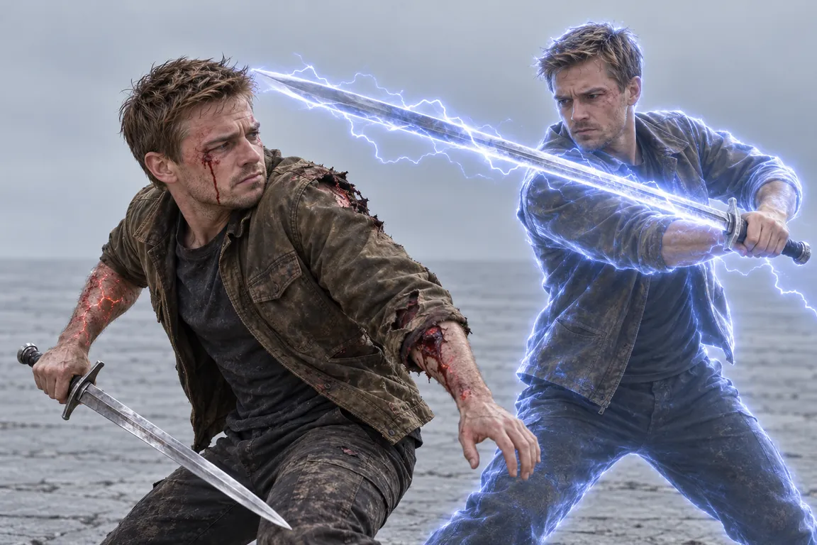 On the gray floor, Adam fights a whole, unhurt copy of himself wrapped in a blue-white ward; the copy’s lightning-lit blade passes over his shoulder.