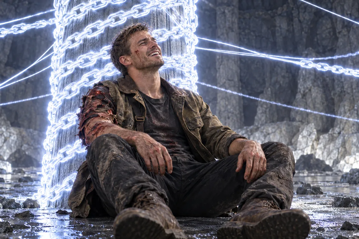 Battered and burned, Adam sits at the foot of the glowing pillar with his hands open on his knees, head back, laughing, as light pours into his chest.
