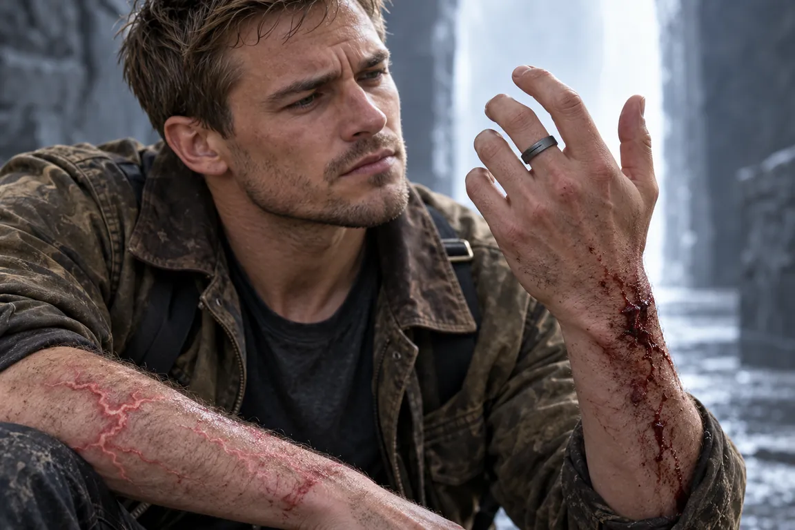 Close up, Adam’s left hand wears a plain dark gray ring with one narrow groove; behind it the red lightning-scar burns on his right arm are fading to pink.
