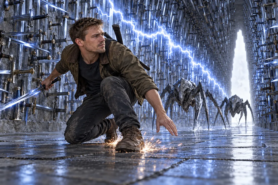 Adam crosses the hall of swords as a crooked line of white-blue lightning and lands skidding, sparks off his boots, as two gray creatures drop where he would have been.