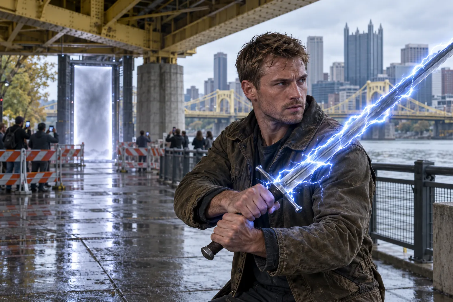 Adam Kowal on the riverfront under a yellow steel bridge, sword in hand, white-blue lightning crawling along the blade. Behind him a seam stands fenced off with road barricades while onlookers film it on their phones.
